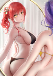Rule 34 | 2girls, absurdres, ass, azur lane, back, bikini, black bikini, breasts, butt crack, closed mouth, hair ornament, hairclip, highres, large breasts, lips, long hair, looking at another, looking at viewer, mirror, multiple girls, official alternate costume, pola (azur lane), pola (seaside coincidence) (azur lane), purple hair, red hair, shigatsu (4gate), side ponytail, sideboob, simple background, smile, swimsuit, thighs, yellow bikini, yellow eyes, zara (azur lane), zara (poolside coincidence) (azur lane)