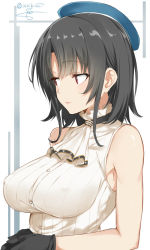 Rule 34 | 10s, 1girl, ascot, beret, black gloves, black hair, blouse, breasts, covered erect nipples, eyebrows, gloves, hat, isshiki (ffmania7), kantai collection, large breasts, looking to the side, no jacket, red eyes, shirt, short hair, sidelocks, sketch, sleeveless, sleeveless shirt, solo, takao (kancolle), twitter username, upper body, white background