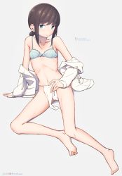 Rule 34 | 1girl, barefoot, black hair, blue bra, bra, character name, commentary request, fubuki (kancolle), full body, fundoshi, green hair, grey background, highres, hood, hooded jacket, hoodie, jacket, japanese clothes, kantai collection, long hair, looking at viewer, low ponytail, nakaaki masashi, pelvic curtain, ponytail, pun, short ponytail, sidelocks, simple background, solo, underwear, white jacket