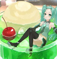 Rule 34 | 1girl, absurdres, aqua necktie, bangs pinned back, bare shoulders, black skirt, black thighhighs, boots, cherry, commentary, detached sleeves, drinking straw, drinking straw in mouth, food, forehead, fruit, full body, glass, grey shirt, hatsune miku, high heels, highres, ice, ice cream, ice cream float, ice cube, long hair, melon soda, mini person, minigirl, miniskirt, mouth hold, necktie, partially submerged, pleated skirt, reirou (chokoonnpu), shirt, sitting, skirt, sleeveless, sleeveless shirt, solo, symbol-only commentary, thigh boots, thighhighs, twintails, very long hair, vocaloid