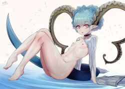 Rule 34 | 1girl, arms behind back, ass, b.d, black choker, blue hair, braid, breasts, choker, cross-shaped pupils, curled horns, detached sleeves, expressionless, fate/grand order, fate (series), from side, full body, gem, green gemstone, grey hair, highres, horns, knees together feet apart, knees up, larva tiamat (fate), larva tiamat (first ascension) (fate), legs, long horns, looking at viewer, lying, navel, nipples, nude, on back, open mouth, pink eyes, ribbed sleeves, sitting, small breasts, solo, symbol-shaped pupils, thighs, tiamat (fate), very long sleeves, wide sleeves