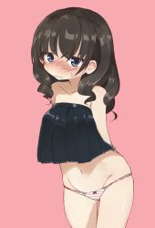 Rule 34 | 1girl, absurdres, arms behind back, black skirt, blue eyes, blush, brown hair, closed mouth, commentary, cowboy shot, drill hair, frown, gluteal fold, groin, highres, leaning forward, long hair, looking at viewer, miniskirt, navel, no bra, original, pan koujou, panties, pink background, pink panties, pleated skirt, simple background, skirt, solo, standing, striped clothes, striped panties, sweatdrop, thigh gap, underwear