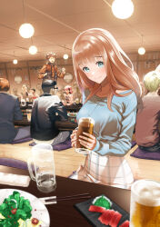 Rule 34 | 1girl, alcohol, barefoot, beer, blue shirt, brown hair, ceiling light, chigarashi mahina, chopsticks, closed mouth, clothes hanger, cover, cover page, cup, food, fujimiya (scary campus college university), green eyes, highres, holding, holding cup, indoors, kurohiji (scary campus college university), long hair, looking at viewer, manga cover, nagashii kouhei, official art, plate, restaurant, scary campus college university, seiza, shirt, sitting, skirt, smile, solo focus, sushi, when you see it, white skirt