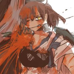 Rule 34 | 10s, 1girl, amputee, arrow (projectile), bad id, bad twitter id, blood, blood on clothes, blood on face, blood splatter, blood stain, blush, breasts, brown eyes, brown hair, injury, japanese clothes, kaga (kancolle), kantai collection, lowres, mouth hold, muneate, personification, rebecca (keinelove), short hair, side ponytail, solo, wince