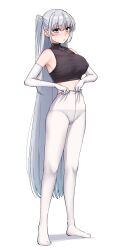 1girl absurdres alternate_costume bare_shoulders blush breasts commentary_request covered_erect_nipples crop_top crotch_seam dressing elbow_gloves full_body fuyutsuki_(kancolle) gloves grey_eyes grey_hair hair_between_eyes highres kantai_collection kiritto large_breasts long_hair midriff one_side_up panties panties_under_pantyhose pantyhose parted_lips simple_background sleeveless solo standing sweat turtleneck underwear very_long_hair white_background white_gloves white_pantyhose