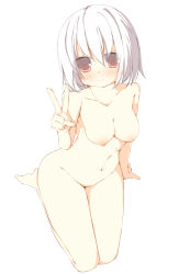 Rule 34 | 1girl, absurdres, bare tree, blush, breasts, collarbone, highres, kneeling, looking at viewer, nipples, nude, original, red eyes, short hair, simple background, solo, tabuchi (tabuchisanchi), tabuchisan, tree, v, white background, white hair