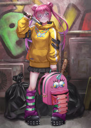 Rule 34 | 1girl, backpack, bag, baseball bat, black footwear, black skirt, blush, boots, breasts, closed mouth, commentary request, double bun, ebinomi, full body, graffiti, grey-framed eyewear, hair bun, hair ornament, hand up, highres, holding, holding bag, holding knife, hood, hood down, hoodie, jewelry, knee boots, kneehighs, knife, leg warmers, long hair, long sleeves, looking at viewer, miniskirt, nail, nail bat, necklace, original, outdoors, pink bag, pink footwear, pink hair, platform footwear, pleated skirt, print bag, revision, round eyewear, shoes, skirt, smile, socks, solo, standing, star (symbol), striped clothes, striped socks, studded footwear, trash bag, twintails, unworn backpack, unworn bag, yellow hoodie