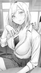 Rule 34 | 1girl, absurdres, between breasts, blurry, blurry background, blush, breasts, cellphone, cleavage, collared shirt, commentary request, desk, dress shirt, gentsuki, greyscale, highres, large breasts, medium hair, miniskirt, monochrome, original, parted bangs, parted lips, partially unbuttoned, phone, plaid, plaid skirt, school desk, shirt, shirt tucked in, sitting, skirt, sleeves rolled up, smartphone, window