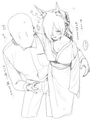 Rule 34 | 1boy, 1girl, ^^^, alternate costume, animal ears, arm around shoulder, bald, blue archive, blush, breast pocket, breasts, cleavage, closed eyes, collarbone, collared shirt, cropped legs, dress shirt, drunk, faceless, faceless male, flower, grin, hair flower, hair ornament, hair over one eye, hiccup, hover hand, japanese clothes, kanna (blue archive), kimono, large breasts, lineart, long bangs, long hair, long sleeves, loose clothes, obi, one eye covered, pants, pocket, ponytail, rkgk ojisan, sash, sensei (blue archive), shirt, sleeves past fingers, sleeves past wrists, smile, squeans, sweat, translation request, yukata, | |