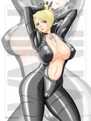 Rule 34 | 1girl, arms up, artist request, blonde hair, bodysuit, breasts, cameltoe, center opening, character request, cleavage, covered erect nipples, hip focus, large breasts, latex, nipples, skin tight, smile, source request, thick thighs, thighs, unzipped, wide hips, zoom layer