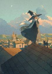 Rule 34 | 1girl, black cat, black dress, black footwear, black headwear, bow, broom, building, cat, cloud, day, dress, hat, hat bow, highres, holding, holding broom, long hair, looking at viewer, open mouth, original, potg (piotegu), red eyes, rooftop, scarf, scenery, silver hair, sky, standing on roof, white bow, white scarf, witch, witch hat