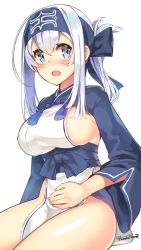Rule 34 | 10s, 1girl, ainu clothes, blue eyes, blue headband, blue jacket, blush, breasts, cropped jacket, folded ponytail, hand on own stomach, headband, jacket, kamoi (kancolle), kantai collection, kuro chairo no neko, long hair, long sleeves, looking at viewer, open mouth, pelvic curtain, sash, sideboob, silver hair, simple background, sitting, solo, thick eyebrows, twitter username, white background
