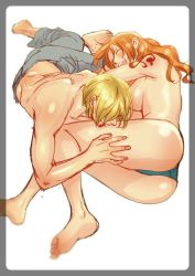 Rule 34 | 1boy, 1girl, artist request, ass, blonde hair, blush, breasts, cleavage, curvy, hand on thighs, hetero, hip focus, kiss, laughing, legs, long hair, nami (one piece), nude, one piece, open mouth, orange hair, sanji (one piece), smile, teeth, thick thighs, thighs, wide hips