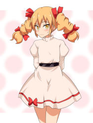 Rule 34 | 1girl, alternate costume, arms behind back, blonde hair, blush, cato (monocatienus), commentary request, cowboy shot, dress, drill hair, embarrassed, hair ribbon, juliet sleeves, long hair, long sleeves, looking at viewer, puffy sleeves, red ribbon, ribbon, sash, solo, sweatdrop, touhou, twin drills, wavy mouth, white dress, yellow eyes, yorigami jo&#039;on