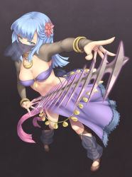 Rule 34 | 1girl, aqua eyes, blue hair, bracelet, breasts, bridal gauntlets, cleavage, detached sleeves, eyelashes, fingernails, flower, foreshortening, full body, hair flower, hair ornament, jewelry, long hair, lots of jewelry, neck ring, o-ring, o-ring top, original, sasaame, skirt, solo, veil, weapon