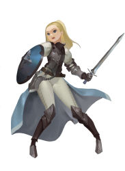 Rule 34 | 1girl, absurdres, armlet, armor, armored boots, belt, blonde hair, blue eyes, boots, chain, full body, gloves, grey pants, highres, holding, holding shield, holding sword, holding weapon, knee pads, long hair, long sleeves, looking to the side, midfinger, open mouth, original, pants, plate armor, ponytail, puffy long sleeves, puffy sleeves, shield, simple background, solo, standing, sword, teeth, weapon, white background
