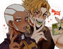 Rule 34 | 2boys, blonde hair, blush, cellphone, commentary request, dark-skinned male, dark skin, dio brando, enrico pucci, fangs, green lips, green nails, highres, holding, holding phone, jewelry, jojo no kimyou na bouken, looking at phone, male focus, medium hair, multiple boys, muscular, muscular male, neg 50asu, phone, priest, red eyes, smartphone, smile, sparkle, stone ocean, the world, v, vampire, white hair