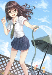 Rule 34 | 1girl, :d, bad id, bad pixiv id, bare legs, blue sky, brown eyes, brown hair, cloud, day, dress shirt, fence, flower, glass, glasses, grey eyes, hose, long hair, necktie, open mouth, original, parasol, parsley-f, plaid, plaid skirt, pleated skirt, red-framed eyewear, school uniform, shirt, skirt, sky, sleeves rolled up, smile, solo, umbrella, water, white shirt
