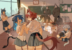 Rule 34 | 1other, 2boys, 4girls, :d, :q, alternate costume, animal ears, arknights, bald, bird ears, bird girl, bird tail, black hair, black halo, black jacket, black pants, black skirt, blue hair, blue mouth, broom, chalkboard, classroom, clock, closed eyes, closed mouth, collar grab, colored inner hair, commentary request, crocodilian tail, demon horns, demon tail, doctor (arknights), expressionless, feather hair, fiammetta (arknights), grey eyes, grey hair, halo, hands up, highres, holding, holding broom, holding phone, hood, hood up, hooded jacket, horns, indian style, jacket, lappland (arknights), locker, long hair, looking at another, looking back, mayer (arknights), meeboo (arknights), mostima (arknights), multicolored hair, multiple boys, multiple girls, mutomorokoshi, non-humanoid robot, on ground, open mouth, orange eyes, otter tail, own hands together, pants, phone, pink hair, pleated skirt, red hair, robot, robot animal, robot dog, scar, scar across eye, shirt, shoes, short sleeves, sitting, skirt, slav squatting, smile, sneakers, squatting, tail, texas (arknights), tongue, tongue out, white footwear, white shirt, wide shot, wolf ears, wolf tail