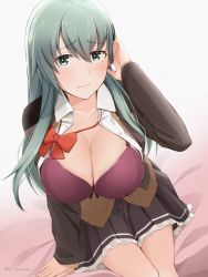 Rule 34 | 1girl, befu, blouse, blush, bra, breasts, brown cardigan, brown skirt, cardigan, cleavage, closed mouth, collarbone, green eyes, green hair, hair between eyes, hair ornament, hairclip, highres, kantai collection, large breasts, long hair, long sleeves, neck ribbon, open cardigan, open clothes, open shirt, pleated skirt, purple bra, red ribbon, ribbon, shirt, skirt, solo, suzuya (kancolle), suzuya kai ni (kancolle), underwear, white shirt