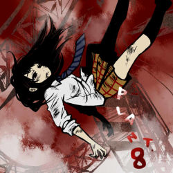 Rule 34 | 1girl, black hair, blue necktie, coppelion, english text, falling, half-closed eyes, ikarimame, kneehighs, long hair, miniskirt, naruse ibara, necktie, pale skin, plaid, plaid skirt, pleated skirt, red background, school uniform, scratches, shadow, shirt, skirt, sleeves rolled up, socks, solo, striped necktie, striped neckwear, structure, text focus, white shirt