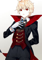 Rule 34 | 1boy, arm behind back, black jacket, black pants, blonde hair, blue brooch, collared shirt, fang, gloves, hand on own chest, highres, jacket, long sleeves, male focus, open mouth, original, pants, red eyes, red vest, shirt, short hair, simple background, solo, usalxlusa, vampire, vest, white gloves, white shirt