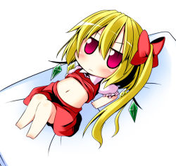 Rule 34 | 1girl, blonde hair, blush, bow, chibi, dress, female focus, flandre scarlet, hair bow, ichimi, lying, midriff, navel, no headwear, no headwear, on back, red dress, red eyes, side ponytail, solo, embodiment of scarlet devil, touhou, wavy mouth, wings