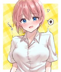 Rule 34 | 1girl, :d, bad id, bad twitter id, blue eyes, blush, collared shirt, commentary request, flying sweatdrops, go-toubun no hanayome, light brown hair, minori 748, nakano ichika, open mouth, plaid, plaid background, shirt, short hair, short sleeves, smile, solo, spoken squiggle, squiggle, twitching, upper body, white shirt, yellow background