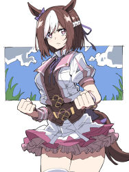 Rule 34 | 1girl, animal ears, bow, brown hair, clenched hands, commentary request, durindana 7, ear bow, highres, horse ears, horse girl, horse tail, looking at viewer, miniskirt, multicolored hair, pink eyes, puffy short sleeves, puffy sleeves, purple bow, short sleeves, skirt, solo, special week (umamusume), tail, thighhighs, two-tone hair, umamusume, white hair, zettai ryouiki