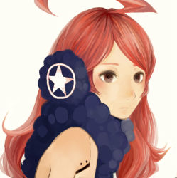Rule 34 | 1girl, ahoge, brown eyes, headphones, huge ahoge, joints, long hair, portrait, red hair, robot joints, sf-a2 miki, solo, star (symbol), upper body, vocaloid