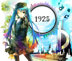 Rule 34 | 1925, 1925 (vocaloid), 1girl, alternate costume, bad id, bad pixiv id, blue hair, hat, hatsune miku, lilithbloody, locomotive, skirt, solo, steam locomotive, thighhighs, train, twintails, vocaloid