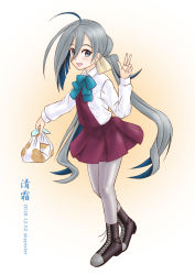 Rule 34 | 1girl, absurdres, ahoge, artist name, blue bow, blue bowtie, blue hair, boots, bow, bowtie, carrying, carrying bag, cross-laced footwear, dated, dress, grey eyes, grey hair, grey pantyhose, hair between eyes, hair bun, halterneck, highres, kantai collection, kiyoshimo (kancolle), lace-up boots, long hair, long sleeves, low twintails, multicolored hair, open mouth, pantyhose, school uniform, shirt, single hair bun, skypixter, sleeveless, sleeveless dress, smile, solo, twintails, very long hair, w, white shirt