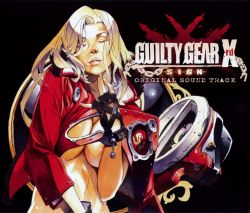 Rule 34 | 1girl, album cover, between legs, blonde hair, bottomless, breasts, cleavage, cover, female focus, fingerless gloves, gloves, guilty gear, guilty gear xrd, hand between legs, highres, ishiwatari daisuke, large breasts, lips, long hair, millia rage, no bra, nose, official art, out-of-frame censoring, simple background, solo, underboob