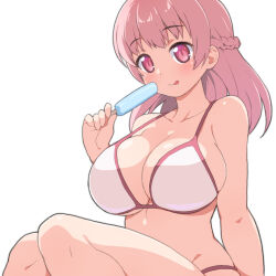 Rule 34 | 1girl, :p, arm at side, artist request, bare arms, bare shoulders, bikini, braid, breasts, character request, cleavage, closed mouth, collarbone, food, half updo, hand up, highres, holding, holding food, holding popsicle, large breasts, light blush, long hair, pink eyes, pink hair, popsicle, shirogane hakuba, simple background, smile, solo, swimsuit, tongue, tongue out, white background, white bikini