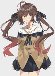 Rule 34 | 1girl, absurdres, ahoge, aogisa, bad id, bad twitter id, black skirt, blush, breasts, brown hair, buttons, clothes writing, girls&#039; frontline, gradient hair, grey background, hair between eyes, hair ribbon, highres, long hair, long sleeves, m14 (girls&#039; frontline), multicolored hair, off shoulder, ribbon, school uniform, simple background, skirt, smile, solo, twintails, yellow eyes