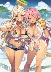 Rule 34 | 2girls, ;d, absurdres, bikini, bikini under clothes, black bikini, blonde hair, blue eyes, blue sky, bracelet, breasts, brown eyes, choker, cleavage, cutoffs, dark-skinned female, dark elf, dark skin, day, denim, denim shorts, earrings, elf, fang, front-tie bikini top, front-tie top, grin, gyaru, hair between eyes, highleg, highleg bikini, highres, hoop earrings, jewelry, large breasts, micro bikini, midriff, multi-strapped bikini, multi-strapped panties, multicolored bikini, multicolored clothes, multiple girls, nail polish, navel, necklace, one eye closed, ootomo takuji, open fly, open mouth, open pants, outdoors, pants, partially unbuttoned, pendant, pink hair, pointy ears, pubic tattoo, ring, scan, see-through, shirt, short shorts, shorts, sky, smile, standing, string bikini, striped bikini, striped clothes, swimsuit, tattoo, thigh gap, tied shirt, toranoana, v, wet, wet clothes, wet shirt, wristband