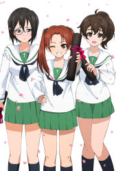 Rule 34 | 10s, 3girls, black bow, black eyes, black hair, black socks, blouse, blush, bow, brown eyes, brown hair, cherry blossoms, closed mouth, duffy, frown, girls und panzer, graduated cylinder, graduation, green skirt, grin, hair bow, hand on own hip, happy, happy tears, highres, holding, kadotani anzu, kawashima momo, kneehighs, koyama yuzu, long hair, long sleeves, looking at viewer, miniskirt, monocle, multiple girls, neckerchief, one eye closed, ooarai school uniform, open mouth, parted bangs, pleated skirt, red ribbon, ribbon, sad, school uniform, serafuku, shirt, short hair, short ponytail, simple background, skirt, smile, socks, standing, tearing up, tears, twintails, white background, white shirt