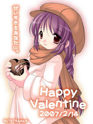 Rule 34 | 1girl, candy, chocolate, chocolate heart, food, happy valentine, heart, purple hair, scarf, solo, tetramax, valentine
