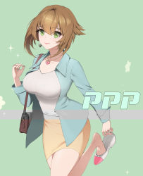 Rule 34 | 10s, 1girl, absurdres, alternate costume, anchor earrings, bag, blouse, blue background, blue jacket, blue nails, breasts, brown hair, brown skirt, collarbone, earrings, fingernails, flipped hair, green eyes, handbag, hatchi, heart lock (kantai collection), highres, jacket, jewelry, kantai collection, large breasts, lips, long sleeves, looking at viewer, mutsu (kancolle), nail polish, necklace, open clothes, open jacket, removing shoes, ring, shirt, short hair, skirt, smile, solo, wedding band, white shirt