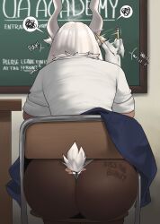 Rule 34 | 1girl, absurdres, afterimage, animal ears, ass, blue skirt, body writing, boku no hero academia, chair, classroom, clothes lift, commentary, dark-skinned female, dark skin, echo saber, english commentary, english text, female focus, from behind, gloves, hand up, highres, holding, holding pencil, indoors, mirko, motion lines, on chair, panties, pantyhose, pencil, profanity, rabbit ears, rabbit tail, school chair, sitting, skirt, skirt lift, solo, spoken squiggle, squiggle, tail, torn clothes, torn pantyhose, underwear, wedgie, white gloves, white hair, white panties