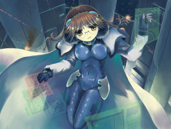 Rule 34 | 00s, 1girl, bodysuit, breasts, brown hair, cape, fingerless gloves, glasses, gloves, large breasts, lyrical nanoha, mahou shoujo lyrical nanoha, mahou shoujo lyrical nanoha strikers, numbers (nanoha), quattro (nanoha), ranranloo, solo, twintails
