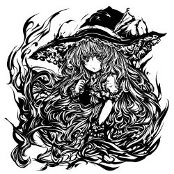Rule 34 | 1girl, acryl, bow, braid, female focus, frills, greyscale, hat, hat bow, kirisame marisa, long hair, monochrome, solo, touhou, witch hat