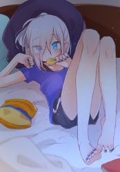 Rule 34 | 1girl, azuma shino, barefoot, blue eyes, blush, chips (food), eating, eyes visible through hair, feet, female focus, flat chest, food, hair over one eye, hat, looking at viewer, lying, nail polish, nowareno (azuma shino), on back, on bed, original, pointy ears, potato chips, short shorts, shorts, solo, toes, white hair, witch hat