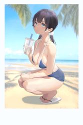 Rule 34 | 1girl, absurdres, bare legs, beach, black hair, blue eyes, blue one-piece swimsuit, blue sky, breasts, cup, day, disposable cup, framed, glint, highres, holding, holding cup, kitashirakawa tamako, kneeling, large breasts, long hair, looking at viewer, ocean, one-piece swimsuit, outdoors, palm tree, sandals, shadow, sky, solo, sweat, swimsuit, tamako market, thighs, tiptoes, tree, twintails, wudiyuzhouxiaohuanxiong