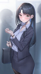 Rule 34 | 1girl, bag, black hair, black jacket, black skirt, blue shirt, blush, brown eyes, closed mouth, collarbone, collared shirt, commentary request, hand up, handbag, highres, jacket, long hair, long sleeves, looking at viewer, office lady, open clothes, open jacket, original, pantyhose, shirt, shirt tucked in, shougun (chuckni1), skirt, solo focus