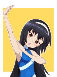 Rule 34 | arm up, black hair, blue one-piece swimsuit, breasts, brown eyes, commentary, delicious party precure, frown, girls und panzer, hairband, halterneck, head tilt, highres, kayabakoro, looking at viewer, one-piece swimsuit, open mouth, outline, outside border, precure, reizei mako, small breasts, standing, swimsuit, voice actor connection, white hairband, white outline, yellow background