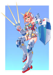 Rule 34 | 1girl, absurdres, ag 00000, armpits, beginning gundam, blue background, boots, border, breasts, cleavage, collarbone, covered navel, energy weapon, fang, green eyes, gundam, gunpla builders beginning g, highres, holding, holding knife, knife, leotard, mecha musume, medium breasts, armored boots, open mouth, outside border, personification, pink hair, shield, short hair, smile, solo, thigh boots, thigh strap, thighhighs, v-fin, white border, white leotard