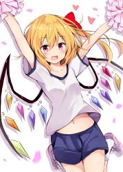 Rule 34 | 1girl, :d, alternate costume, arms up, blue shorts, blush, bow, breasts, collarbone, commentary request, confetti, contemporary, crystal, flandre scarlet, gym shirt, gym shorts, gym uniform, hair between eyes, hair bow, heart, highres, holding, holding pom poms, hyurasan, jumping, looking at viewer, midriff, navel, no headwear, no headwear, one side up, open mouth, pink footwear, pom pom (cheerleading), pom poms, red bow, shirt, shoes, short sleeves, shorts, simple background, small breasts, smile, sneakers, socks, solo, stomach, thighs, touhou, white background, white shirt, white socks, wings