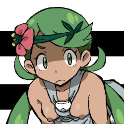 Rule 34 | 1girl, bare shoulders, blush, breasts, closed mouth, collarbone, creatures (company), dark-skinned female, dark skin, female focus, flower, game freak, gomatarou (pixiv196136), green eyes, green hair, green hairband, grey overalls, hair flower, hair ornament, hairband, jaggy lines, leaning forward, light blush, long hair, looking at viewer, lowres, mallow (pokemon), matching hair/eyes, nintendo, nipples, no shirt, overalls, pink flower, pokemon, pokemon sm, shaded face, small breasts, solo, split depth, sweat, swept bangs, textless version, twintails, upper body, v-shaped eyebrows, white background, wide-eyed