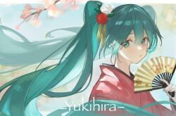 Rule 34 | 1girl, aqua eyes, aqua hair, aqua nails, branch, flat chest, floral print, flower, folding fan, from side, hair between eyes, hair flower, hair ornament, hand fan, hand up, hatsune miku, highres, holding, holding fan, japanese clothes, kimono, long hair, looking at viewer, outside border, red flower, red kimono, red rose, rose, solo, twintails, upper body, very long hair, vocaloid, white flower, white rose, yukihira makoto
